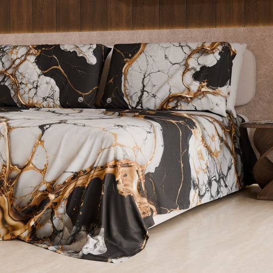PETTI Lenzuolo Copriletto e Federe Eleganti Effetto Marmo Nero Bianco - GILDENITE Nuovo