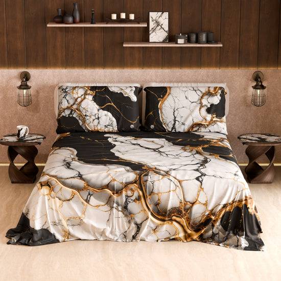 PETTI Lenzuolo Copriletto e Federe Eleganti Effetto Marmo Nero Bianco - GILDENITE Nuovo