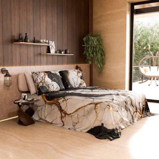 PETTI Lenzuolo Copriletto e Federe Eleganti Effetto Marmo Nero Bianco - GILDENITE Nuovo