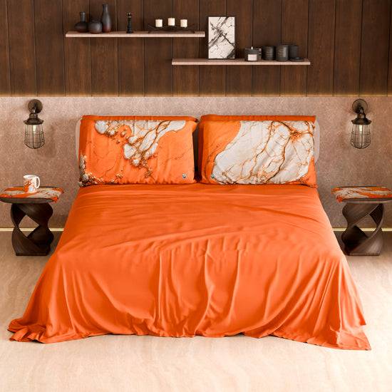 PETTI Lenzuolo Copriletto e Federe Eleganti Effetto Marmo Arancione - AURANGE Qualità