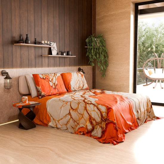 PETTI Lenzuolo Copriletto e Federe Eleganti Effetto Marmo Arancione - AURANGE Qualità