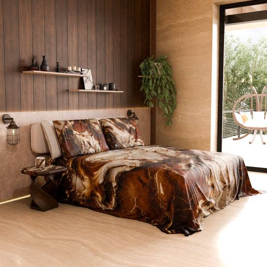 PETTI Lenzuolo Copriletto e Federe Eleganti Effetto Marmo Marrone - MOCHACCINO Super sconto