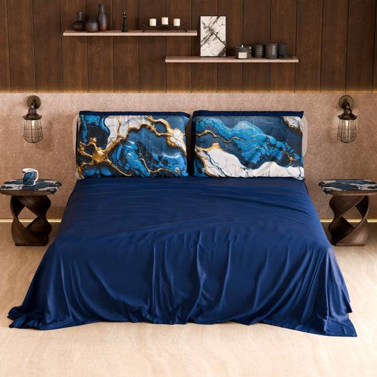 PETTI Lenzuolo Copriletto e Federe Eleganti Effetto Marmo Blu Notte - NAVYGLO Negozi Online