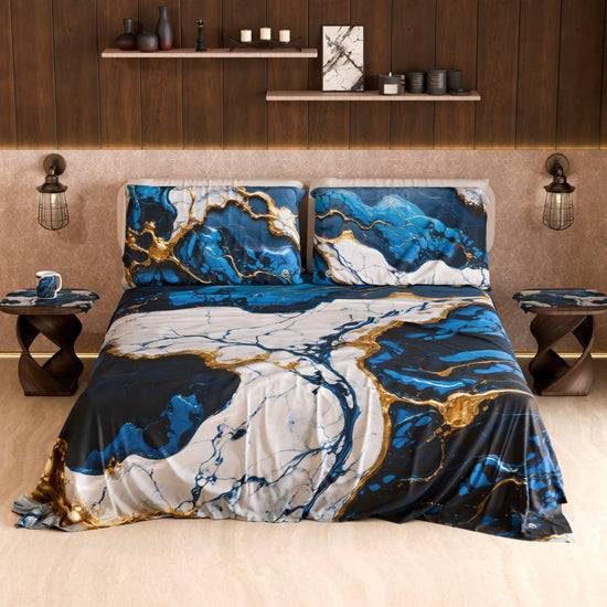 PETTI Lenzuolo Copriletto e Federe Eleganti Effetto Marmo Blu Notte - NAVYGLO Negozi Online