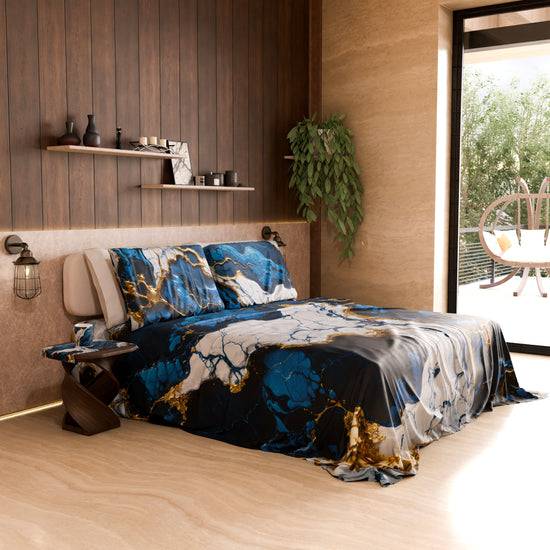 PETTI Lenzuolo Copriletto e Federe Eleganti Effetto Marmo Blu Notte - NAVYGLO Negozi Online