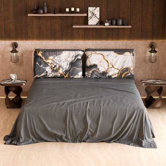 PETTI Lenzuolo Copriletto e Federe Eleganti Effetto Marmo Grigio Scuro - SMOKITE Fino Al -60%