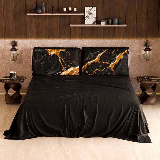 PETTI Lenzuolo Copriletto e Federe Eleganti Effetto Marmo Nero Oro - ONYXLITE Prezzo Ridotto