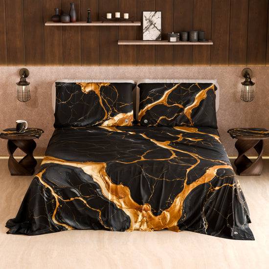 PETTI Lenzuolo Copriletto e Federe Eleganti Effetto Marmo Nero Oro - ONYXLITE Prezzo Ridotto
