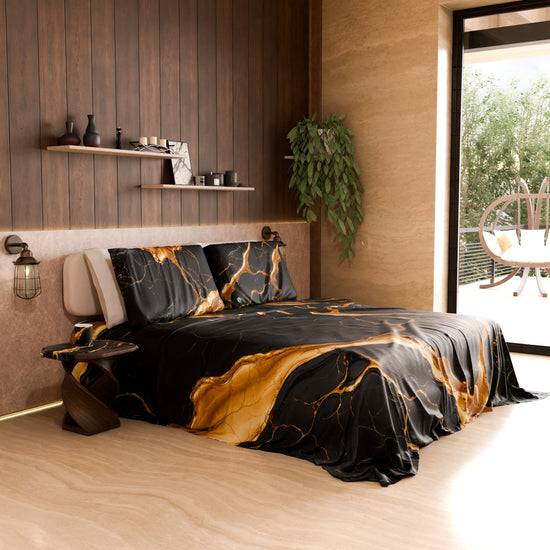PETTI Lenzuolo Copriletto e Federe Eleganti Effetto Marmo Nero Oro - ONYXLITE Prezzo Ridotto