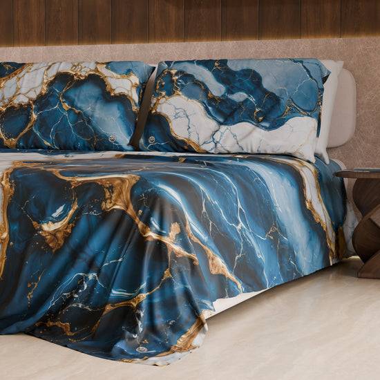 PETTI Lenzuolo Copriletto e Federe Eleganti Effetto Marmo Blu Oceano - OCEAGLINT Sottocosto