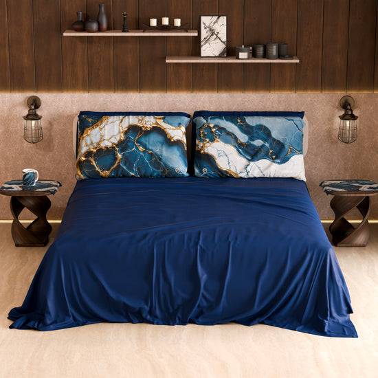 PETTI Lenzuolo Copriletto e Federe Eleganti Effetto Marmo Blu Oceano - OCEAGLINT Sottocosto