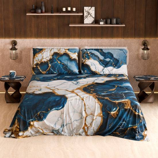 PETTI Lenzuolo Copriletto e Federe Eleganti Effetto Marmo Blu Oceano - OCEAGLINT Sottocosto