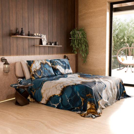 PETTI Lenzuolo Copriletto e Federe Eleganti Effetto Marmo Blu Oceano - OCEAGLINT Sottocosto