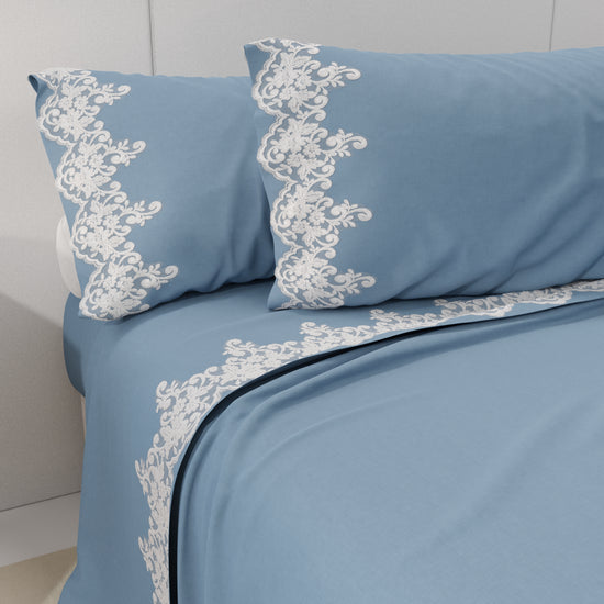 PETTI Lenzuola Percalle con Pizzo, Lenzuola Matrimoniali Cotone Azzurro Spedizione Gratuita