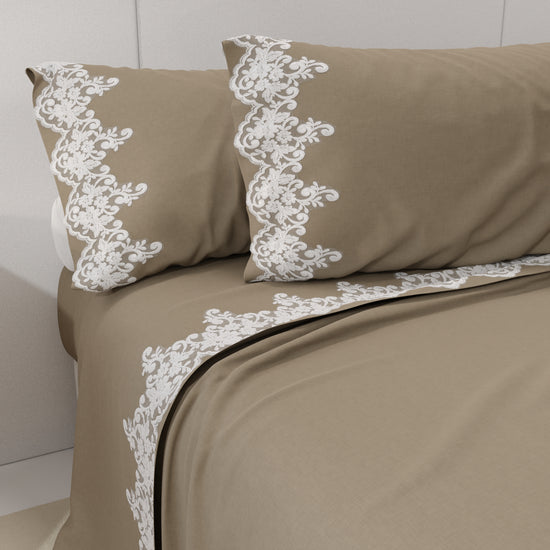 PETTI Lenzuola Percalle con Pizzo, Lenzuola Matrimoniali Cotone Tortora Soddisfazione Garantita