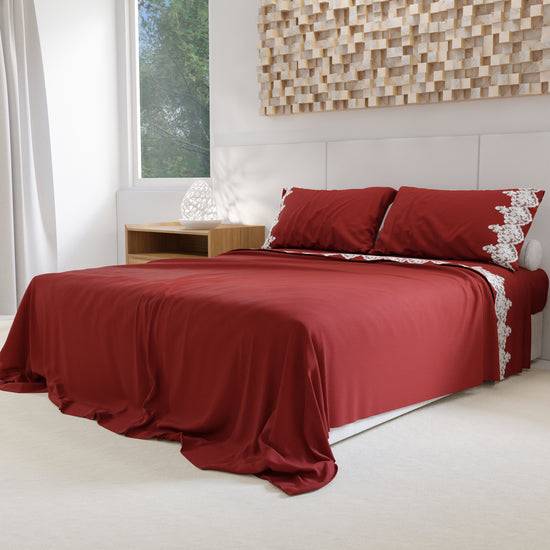 PETTI Lenzuola Percalle con Pizzo, Lenzuola Matrimoniali Cotone Bordeaux Fino Al -60%