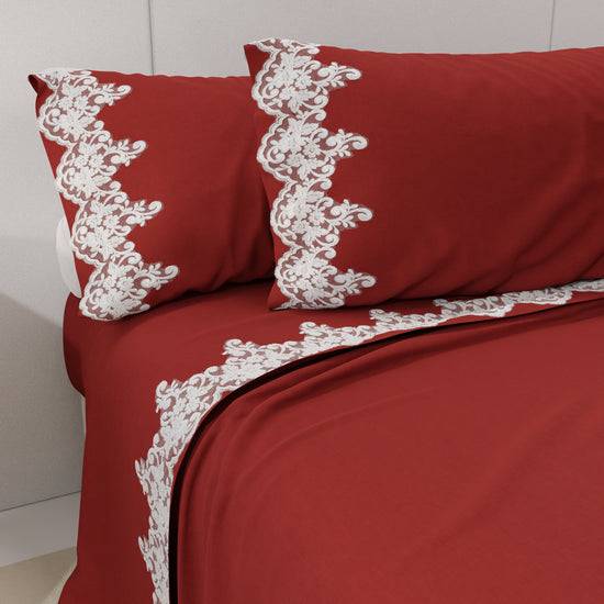 PETTI Lenzuola Percalle con Pizzo, Lenzuola Matrimoniali Cotone Bordeaux Fino Al -60%