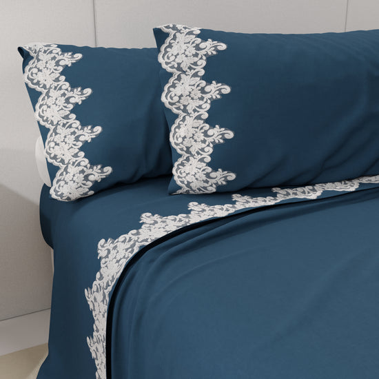 PETTI Lenzuola Percalle con Pizzo, Lenzuola Matrimoniali Cotone Blu Marino Shopping Online