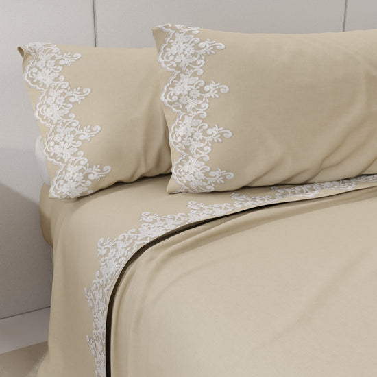 PETTI Lenzuola Percalle con Pizzo, Lenzuola Matrimoniali Cotone Beige Prezzo Ridotto