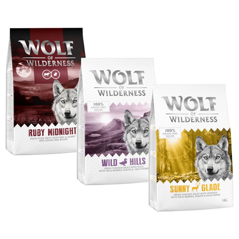 Zooplus Set prova misto Wolf of Wilderness Adult Crocchette per cani Pezzi Unici