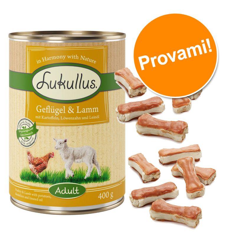 Zooplus Set prova misto: 6 x 400/800 g Lukullus + 12 Ossi da 5 cm