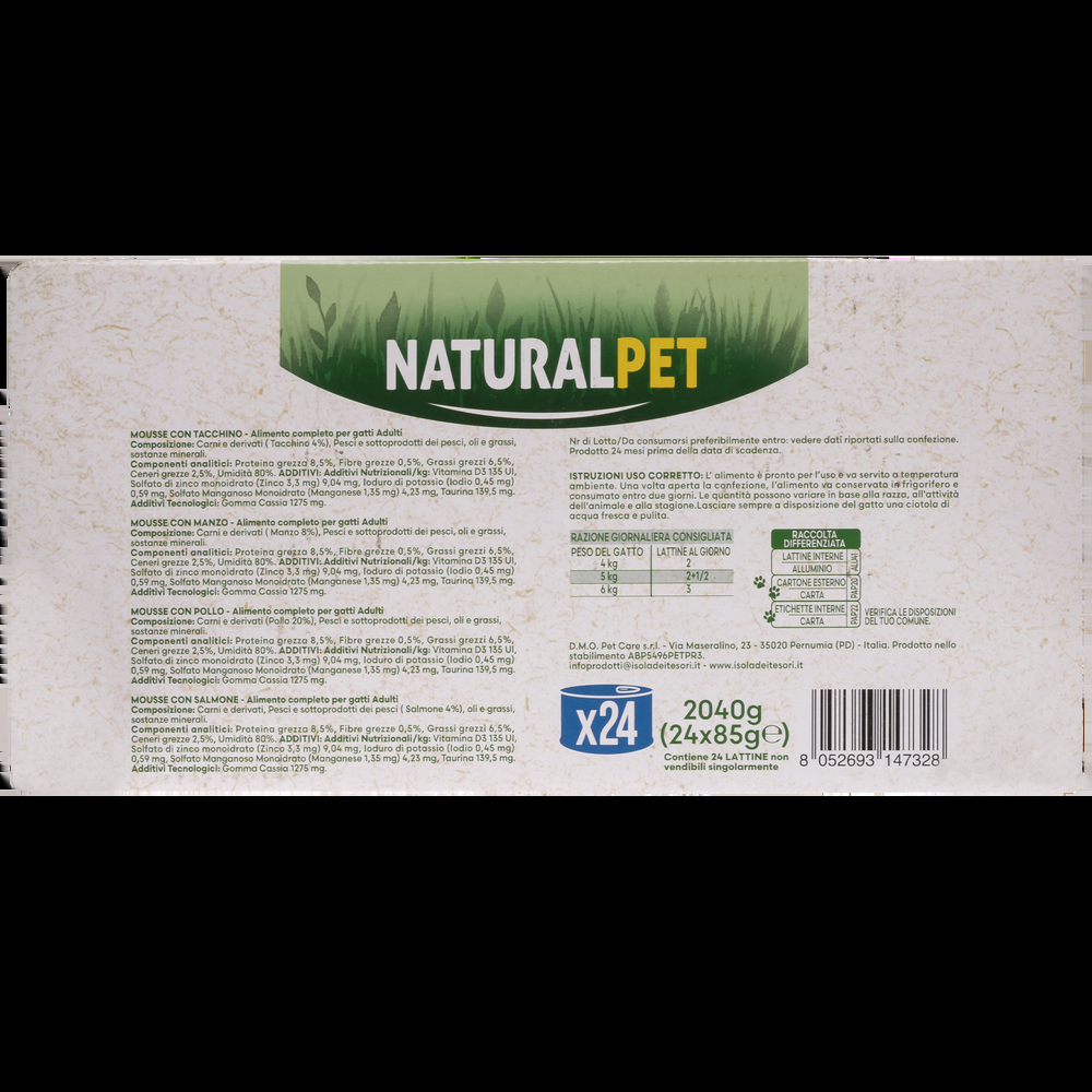Naturalpet Cat Adult Mousse Multipack Tacchino Manzo Pollo e Salmone 85grx24pz 000126976 In vendita