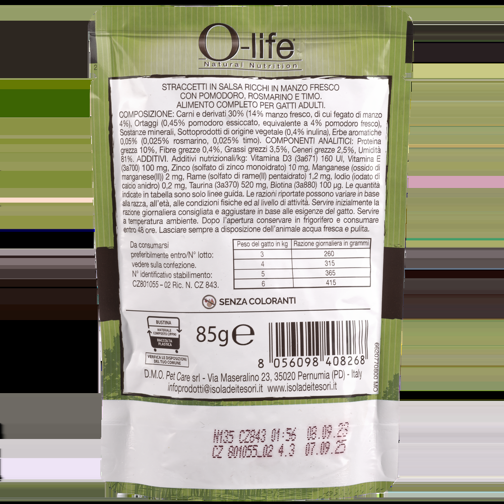 O-life Cat Adult Straccetti in salsa ricchi in Manzo fresco pomodoro rosmarino e timo 85 gr 000143625 In Linea