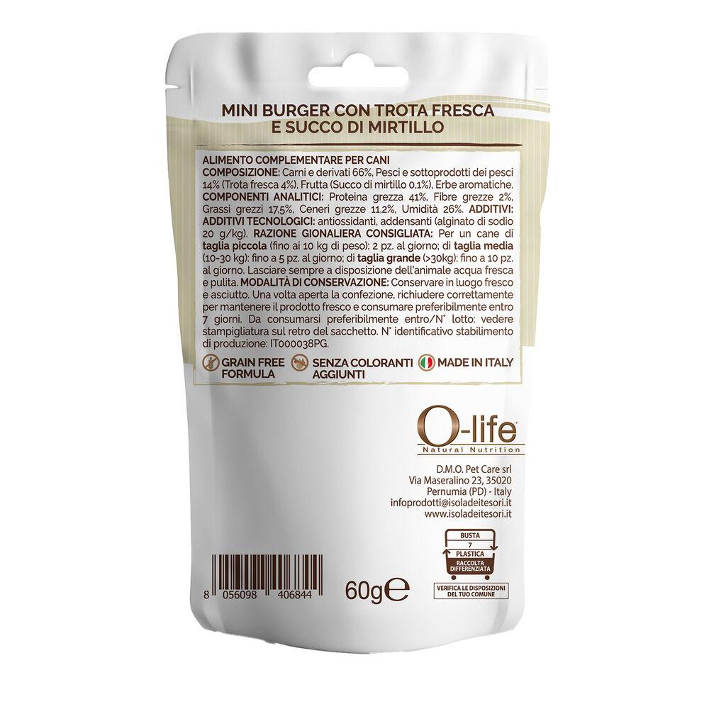O-life Dog Adult Snack Mini burger Trota e Mirtillo 60 gr 000138731 Novità