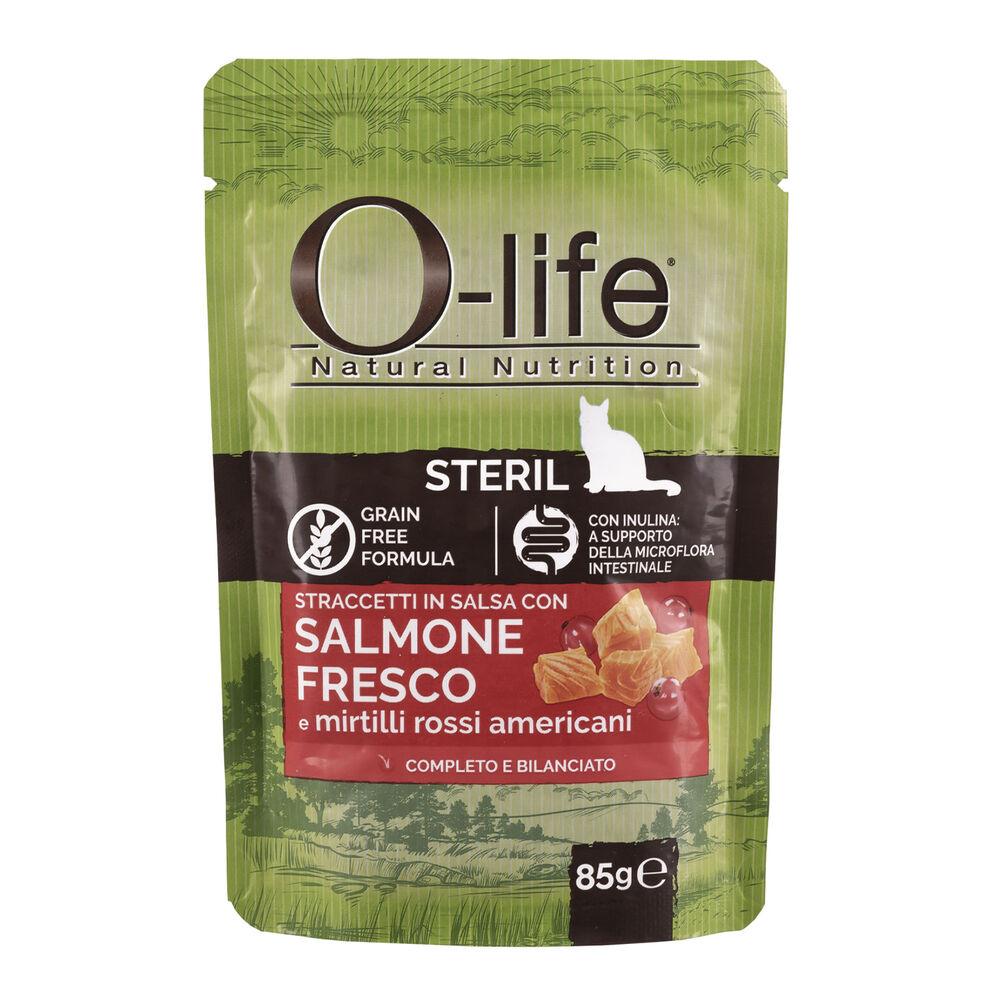 O-life Cat Adult Sterilised Straccetti in salsa con Salmone fresco e Mirtilli rossi americani 85 gr 000143621