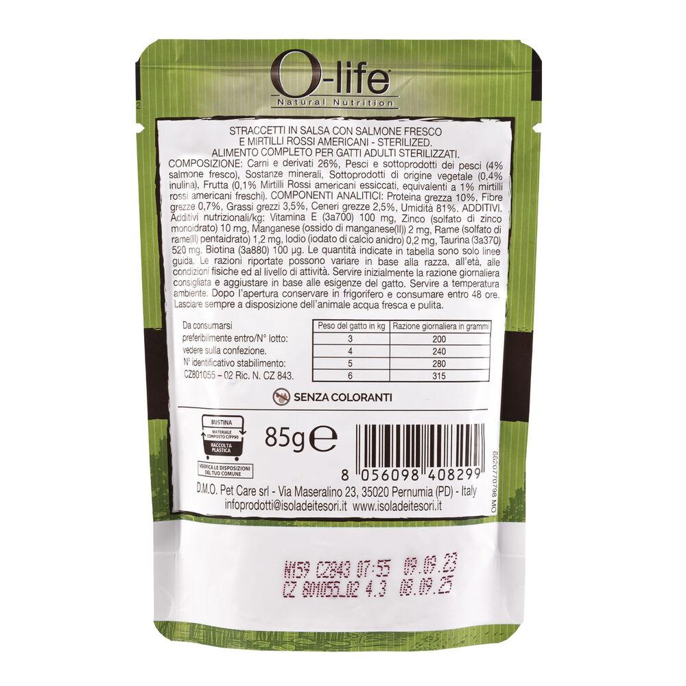 O-life Cat Adult Sterilised Straccetti in salsa con Salmone fresco e Mirtilli rossi americani 85 gr 000143621 Offerta San Valentino