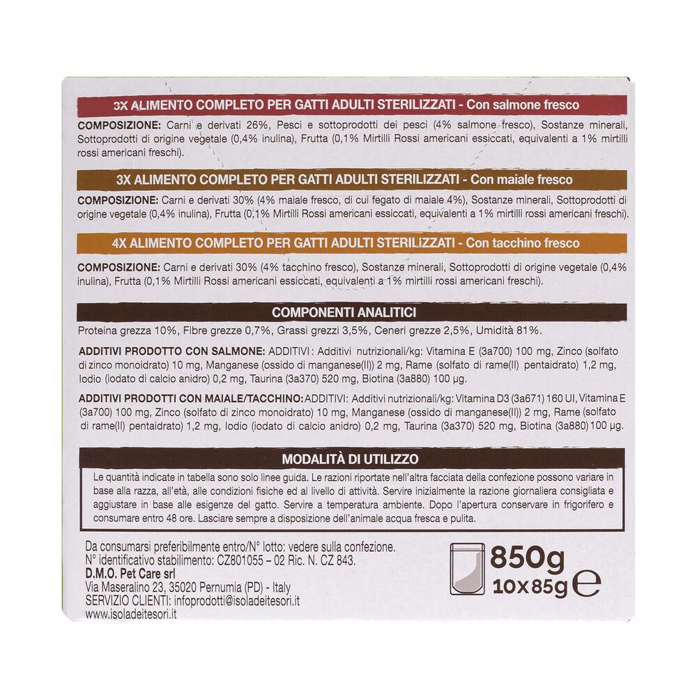 O-life Cat Adult Sterilised Multibox Salmone Maiale e Tacchino 85grx10 pz 000143633 Soddisfazione Garantita