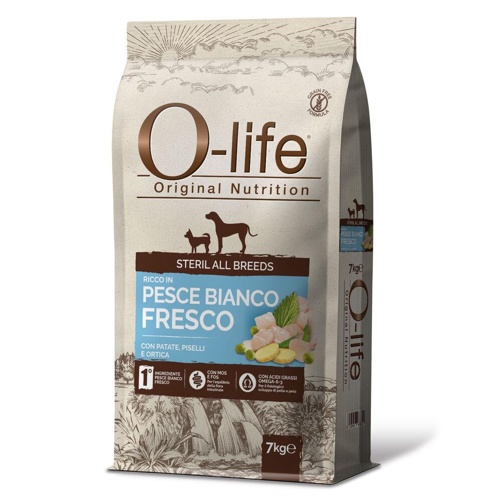 O-life Dog All breeds Sterilised ricco in Pesce Bianco con patate piselli e ortica 7 kg 000125875 Offerta San Valentino