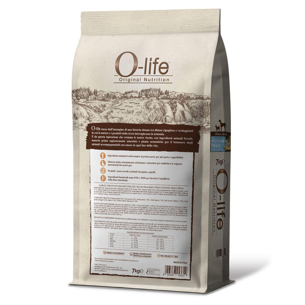 O-life Dog All breeds Sterilised ricco in Pesce Bianco con patate piselli e ortica 7 kg 000125875 Offerta San Valentino